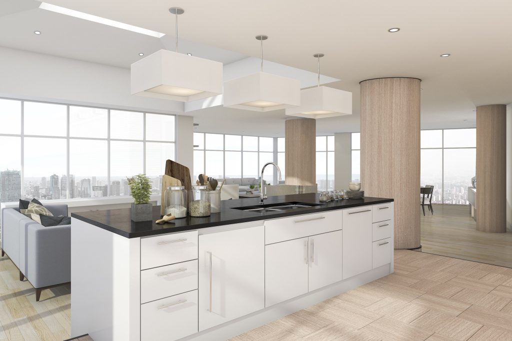 Bright open-plan kitchen island with a city skyline through floor-to-ceiling windows