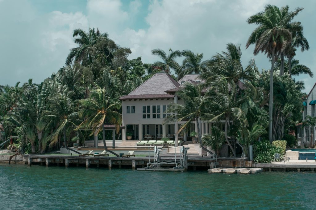 A house among coconut palms on a canal, with its dock and boat lifts