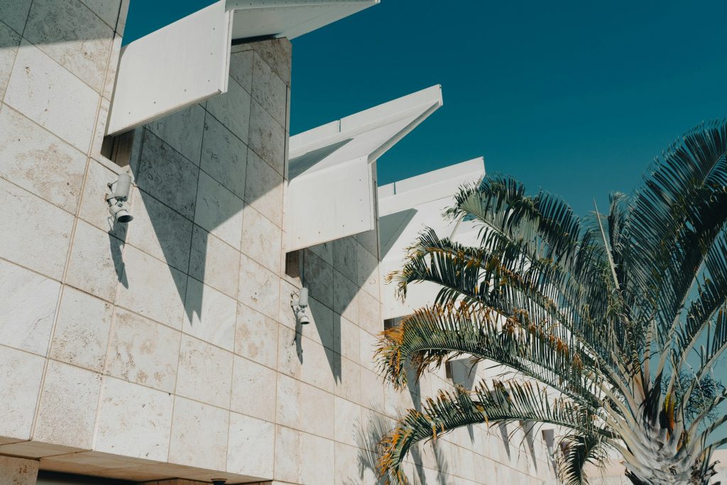 A travertine facade with cantilevered canopies beside a palm