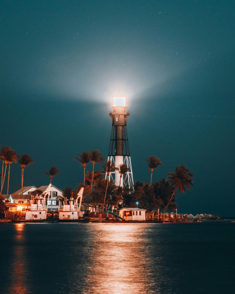 The Hillsboro Inlet lighthouse lit at night above the palms