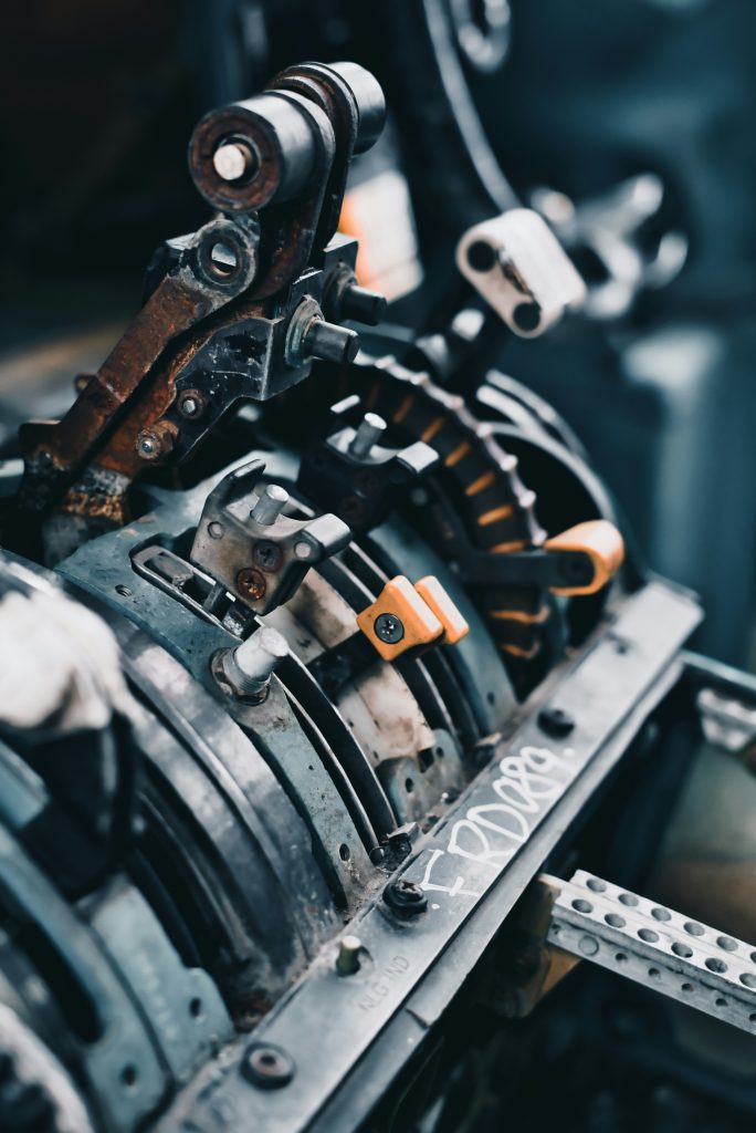 The close-packed metalwork of a mechanical assembly